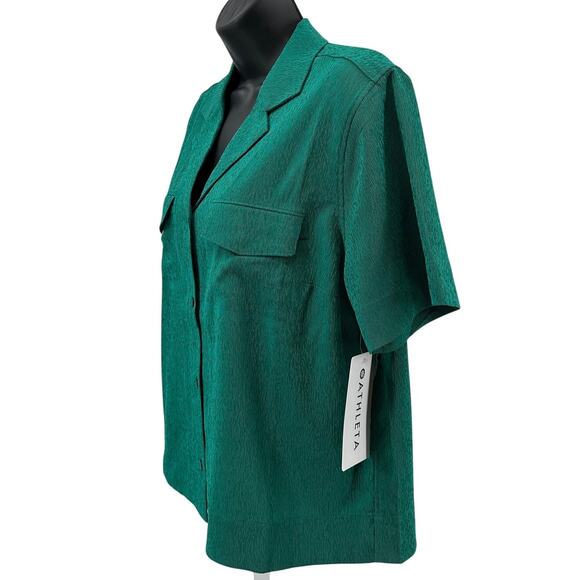 Athleta Echo Top WMNS S Green Striped Button Up Short Sleeve Stretch Breathable - Picture 4 of 10